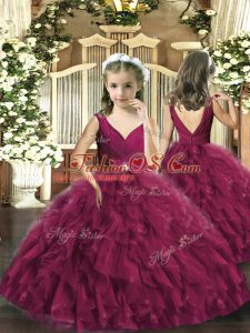 Burgundy Ball Gowns Tulle Sleeveless Beading and Ruffles Floor Length Backless Pageant Gowns For Girls
