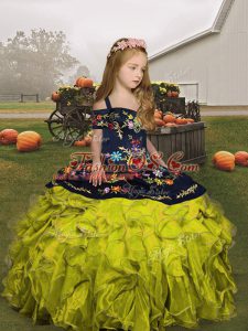 Top Selling Floor Length Lace Up Child Pageant Dress Green for Party and Wedding Party with Embroidery and Ruffles