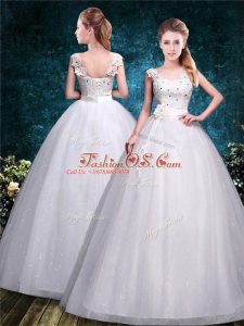 High Class White Ball Gowns Tulle Straps Sleeveless Lace and Hand Made Flower Floor Length Lace Up Bridal Gown