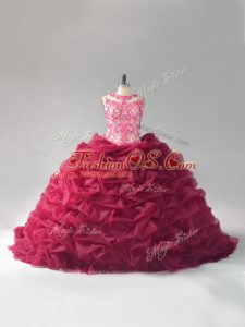 Organza Scoop Sleeveless Court Train Lace Up Beading and Pick Ups Sweet 16 Dress in Burgundy