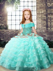 Apple Green Ball Gowns Straps Sleeveless Organza Brush Train Lace Up Ruffled Layers Little Girl Pageant Dress