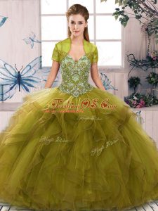 Sweet Olive Green Sleeveless Floor Length Beading and Ruffles Lace Up Quinceanera Gowns