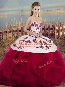 Floor Length White And Red Quinceanera Gown Tulle Sleeveless Embroidery and Ruffles and Bowknot
