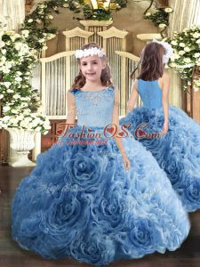 Blue Zipper Little Girls Pageant Dress Beading Sleeveless Floor Length