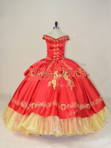 Red Satin and Organza Lace Up Off The Shoulder Sleeveless Floor Length Quinceanera Dress Embroidery