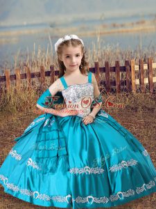 Straps Sleeveless Girls Pageant Dresses Floor Length Beading and Embroidery Teal Satin