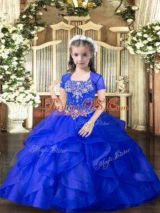 Royal Blue Tulle Lace Up Straps Sleeveless Floor Length Little Girl Pageant Gowns Beading and Ruffles