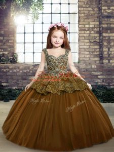 Straps Sleeveless Tulle Little Girl Pageant Dress Beading and Appliques Lace Up