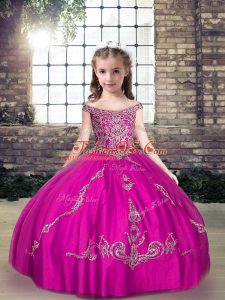 Beading and Appliques Kids Formal Wear Fuchsia Lace Up Sleeveless Floor Length