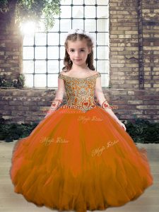 Brown Lace Up Off The Shoulder Beading Little Girls Pageant Dress Wholesale Tulle Sleeveless