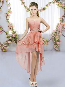 Colorful Peach Sleeveless High Low Beading Lace Up Bridesmaid Dresses