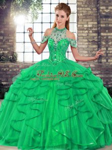 Best Sleeveless Floor Length Beading and Ruffles Lace Up Quinceanera Gown with Green