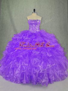 Modest Sleeveless Organza Floor Length Lace Up 15 Quinceanera Dress in Purple with Beading and Ruffles