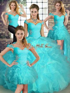 Custom Fit Floor Length Aqua Blue Quinceanera Gown Off The Shoulder Sleeveless Lace Up