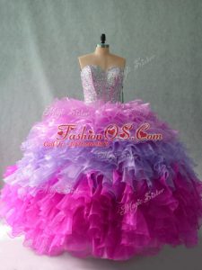 Multi-color Ball Gowns Organza Sweetheart Sleeveless Beading and Ruffles Floor Length Lace Up Sweet 16 Dress