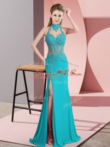 Dramatic Aqua Blue Sleeveless Chiffon Backless Prom Dresses for Prom and Party and Military Ball