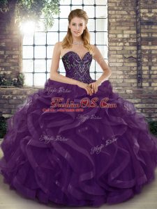 Hot Sale Sweetheart Sleeveless Tulle Quince Ball Gowns Beading and Ruffles Lace Up