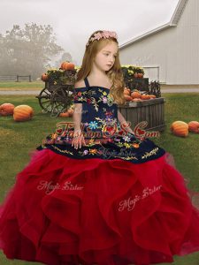 Unique Sleeveless Floor Length Embroidery and Ruffles Lace Up Kids Formal Wear with Red