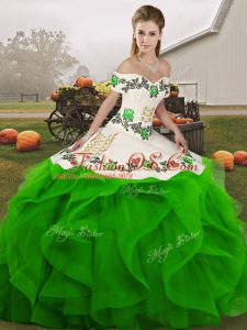 Glamorous Ball Gowns Quinceanera Dress Green Off The Shoulder Tulle Sleeveless Floor Length Lace Up