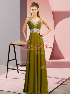 Floor Length Lace Up Evening Dress Olive Green for Prom and Party with Beading