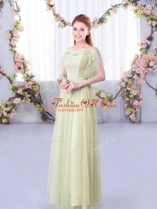Yellow Green Short Sleeves Lace and Belt Floor Length Bridesmaid Gown