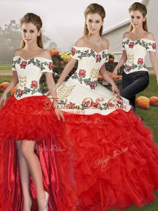 Discount White And Red Sweet 16 Dress Military Ball and Sweet 16 and Quinceanera with Embroidery and Ruffles Off The Shoulder Sleeveless Lace Up