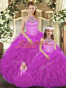 Floor Length Ball Gowns Sleeveless Fuchsia Sweet 16 Dress Lace Up