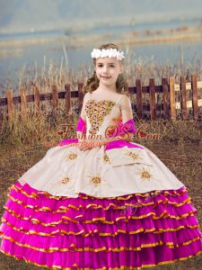 Fuchsia Lace Up Girls Pageant Dresses Beading and Embroidery and Ruffled Layers Sleeveless Floor Length