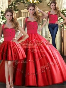 Red Lace Up Quinceanera Dress Appliques Sleeveless Floor Length
