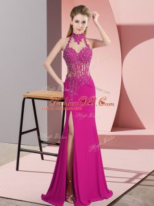 Flare Floor Length Fuchsia Prom Dresses Chiffon Sleeveless Lace and Appliques