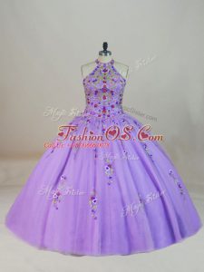 Super Sleeveless Tulle Brush Train Lace Up Ball Gown Prom Dress in Lavender with Beading and Embroidery
