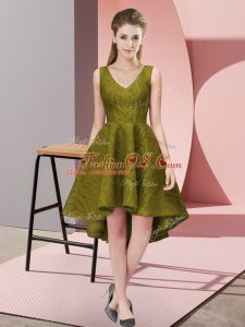 Lace V-neck Sleeveless Zipper Lace Bridesmaid Dresses in Olive Green