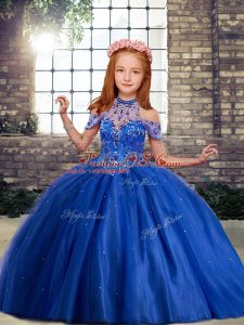 Royal Blue Pageant Dress Party and Wedding Party with Beading and Ruffles High-neck Sleeveless Lace Up