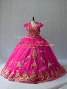 Beautiful Hot Pink Tulle Lace Up Vestidos de Quinceanera Sleeveless Court Train Appliques