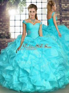Smart Aqua Blue Organza Lace Up Quinceanera Dresses Sleeveless Floor Length Beading and Ruffles