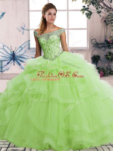 Ball Gowns Quinceanera Dress Yellow Green Off The Shoulder Tulle Sleeveless Floor Length Lace Up