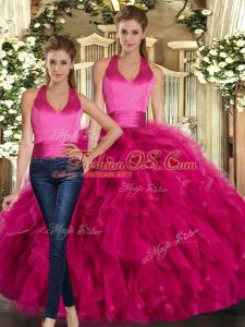 Fuchsia Two Pieces Tulle Halter Top Sleeveless Ruffles Floor Length Lace Up Quinceanera Dresses