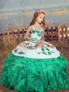 Wonderful Turquoise Straps Lace Up Embroidery and Ruffles Little Girls Pageant Dress Wholesale Sleeveless