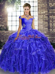 New Style Royal Blue Quinceanera Dresses Off The Shoulder Sleeveless Brush Train Lace Up