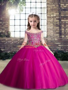 Unique Tulle Sleeveless Floor Length Little Girl Pageant Dress and Beading