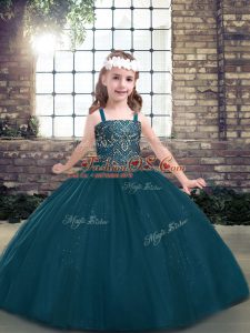 Straps Long Sleeves Lace Up Little Girls Pageant Gowns Teal Tulle