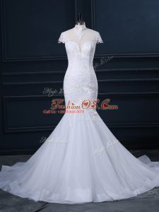 Deluxe White Mermaid Lace Wedding Dresses Clasp Handle Tulle Cap Sleeves
