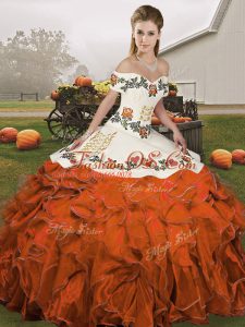 Sweet Rust Red Ball Gowns Embroidery and Ruffles Sweet 16 Quinceanera Dress Lace Up Organza Sleeveless Floor Length