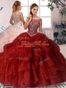 Wonderful Wine Red Scoop Neckline Beading and Pick Ups Quinceanera Gown Sleeveless Zipper