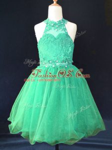 Latest Mini Length Green Girls Pageant Dresses Organza Sleeveless Beading and Lace