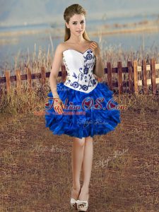 Popular Blue And White Lace Up Prom Dress Embroidery and Ruffles Sleeveless Mini Length