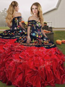 Floor Length Lace Up Quinceanera Dresses Red And Black for Military Ball and Sweet 16 and Quinceanera with Embroidery and Ruffles
