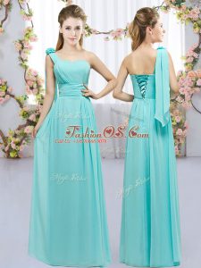 Adorable Empire Dama Dress for Quinceanera Aqua Blue One Shoulder Chiffon Sleeveless Floor Length Lace Up