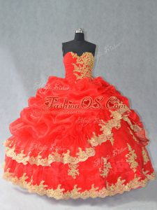 Red Ball Gowns Sweetheart Sleeveless Organza Floor Length Lace Up Lace and Appliques and Pick Ups 15 Quinceanera Dress
