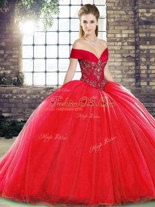 Sweet Off The Shoulder Sleeveless Quinceanera Dress Brush Train Beading Red Organza